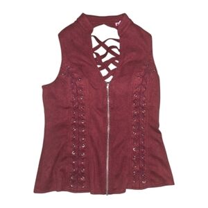 Bustier, Burgundy Faux Suede Zip-Up Cross-Cut Back Vest Top Size 1x